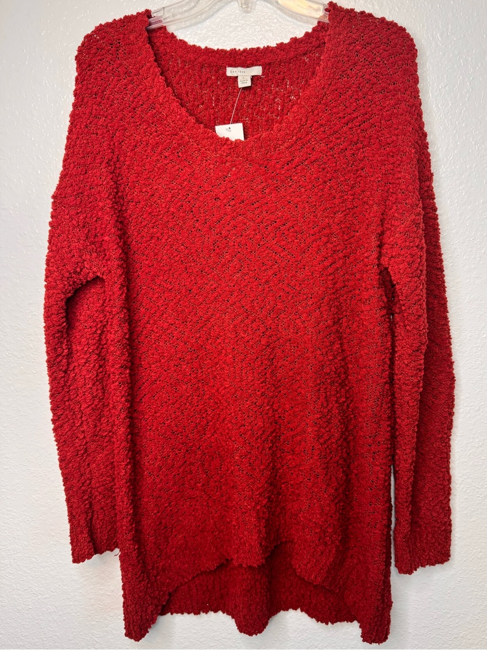 NWT Red Popcorn High Low Knit Pullover Cozy Soft Oversized Tunic Long Sweater L